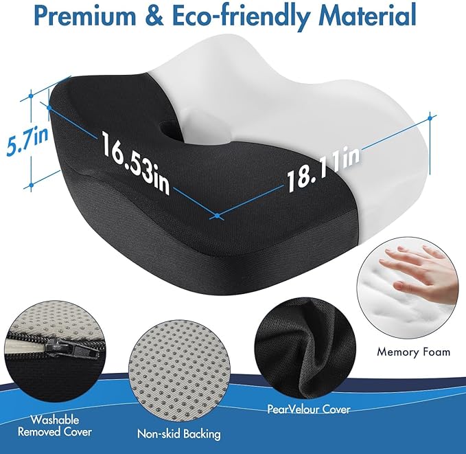 Car Seat Cushion, Ergonomic Memory Foam Car Seat Pad for Sciatica Pain Relief, Larger Driving Seat Cushion for Car Short Drivers on Long Drives - Butt Cushion for Car,Truck, Office - Black