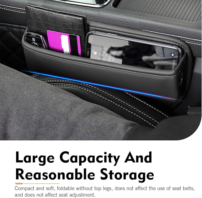 Car Seat Gap Filler Organizer, Waterproof Anti-Slip Leather Front Seat Side Storage Bag for Phones, Keys, Glasses, Cards, Universal for Most Cars (Black)