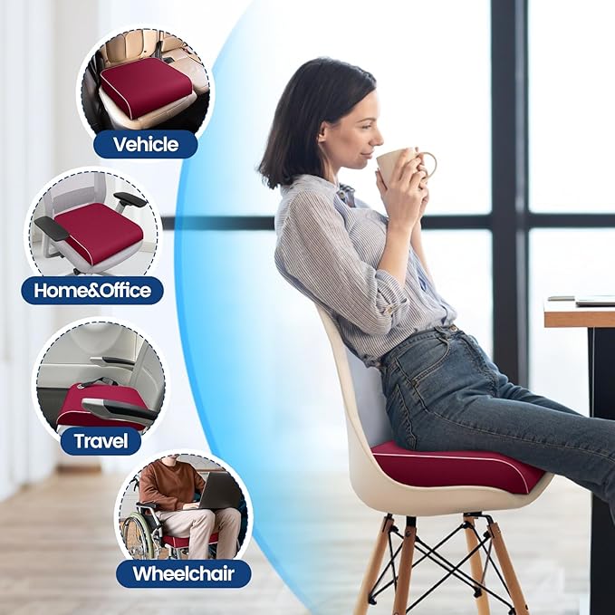 Seat Cushion for Tailbone Pain Relief, Office Chair Cushion, Memory Foam Large Chair Cushion with Non-Slip Cover for Soft Support at Office Chair, Car Seat, Airplane Red/2X-Large