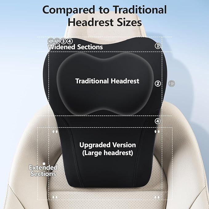 BABUR Car Headrest Pillow | Ergonomic Memory Foam Neck Shoulder Support Pillow with Adjustable Design & Enlarged Surface | Pain Relief for Driving Travel Sleeping | Black 1 Pack