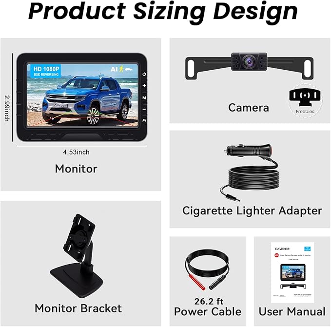 Backup Camera HD 1080P Wired Easy Setup Plug-Play Rear View License Plate Bracket Camera Motion Detection IP69 Waterproof - 4.3 inch Monitor Full Color Clear Night Vision Camere for Car Truck SUV RV