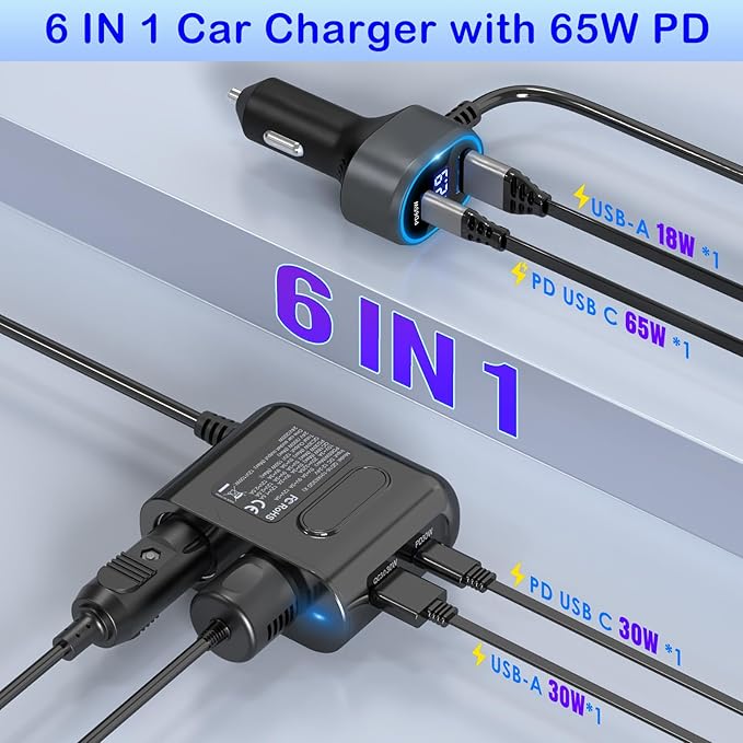 Cigarette Lighter Splitter 12V Plug 2-Socket with PD 65W Port, Car USB Charger Multi Port 300W 12V/24V Adapter with Voltage Display and 15A Fuse for All Car Devices, DC Outlet Car Accessories