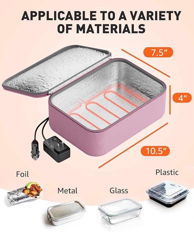 Portable Food Warmer - Heated Lunch Box for Adluts - Electric Thermal Lunch Bag with Buckle Handle, Heating Food Warmer Bags for 12V/24V Car & Truck, 110V/220V Home/Office, Pink