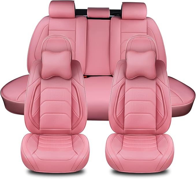 Pink Car Seat Covers Full Set, Breathable Leather Automotive Front and Rear Seat Covers & Headrest for Comfortable Driving, Universal Auto Interior Fit for Most Kinds of Vehicles