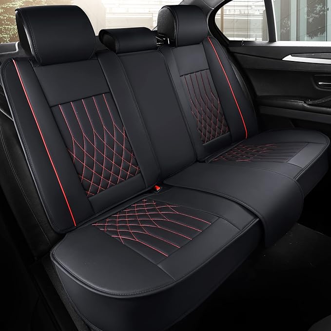 Aierxuan Rear Car Seat Covers Universal Fit for Honda Civic Accord Crv, Toyota Camry Prius Rav4 Corolla, Kia, Lexus, Nissan, Mazda, Jeep Cherokee and Most Cars, with Waterproof Leather (Black and Red)