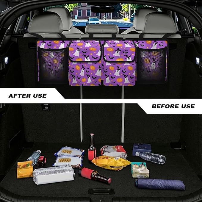 Purple Halloween Print Car Trunk Organizer Hanging Auto Back Seat Storage with 4 Pockets Car Interior Accessories for SUV MPV Hatchback Crossover Minivan Truck
