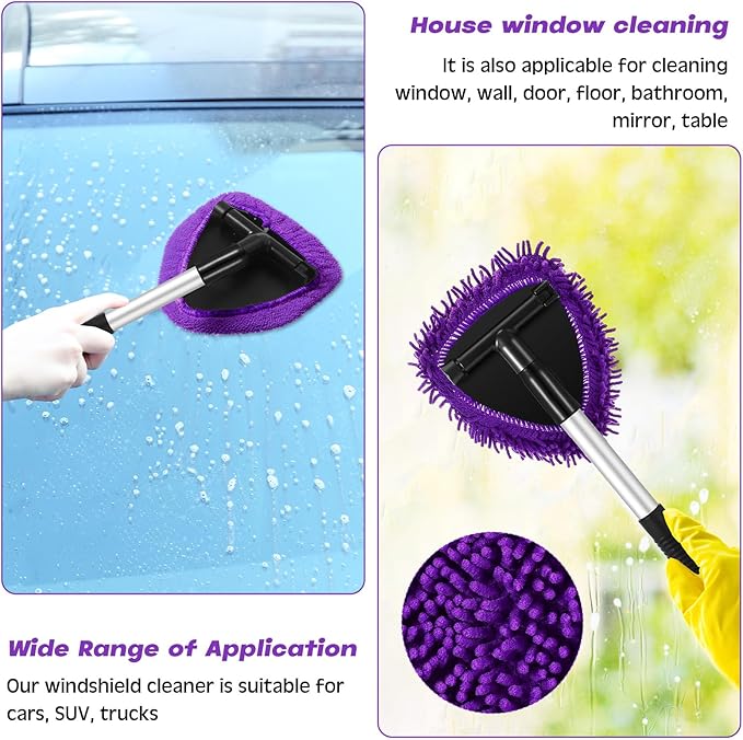 Baderke 9 Pcs Car Windshield Cleaner Tool Kit with with Extendable Handle, Microfiber Towel Pads, Sponge, Ventilation Brush, Empty Spray Bottle for Auto Glass Wiper Suvs Rvs & Home Windows(Purple)