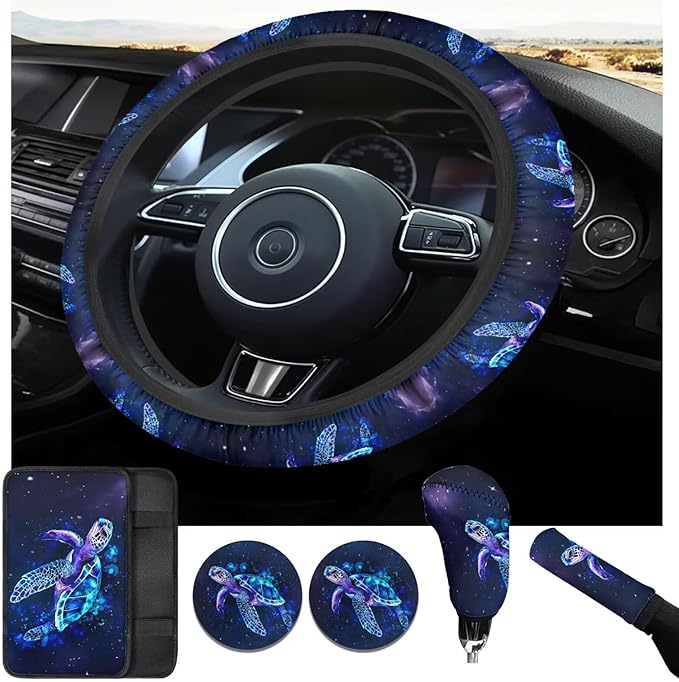 Blue Sea Turtle Car Steering Wheel Cover Sets 6 Pcs Car Accessories Cup Coaster Handbrake Cover Suit Universal Fit Auto,Suvs,Truck