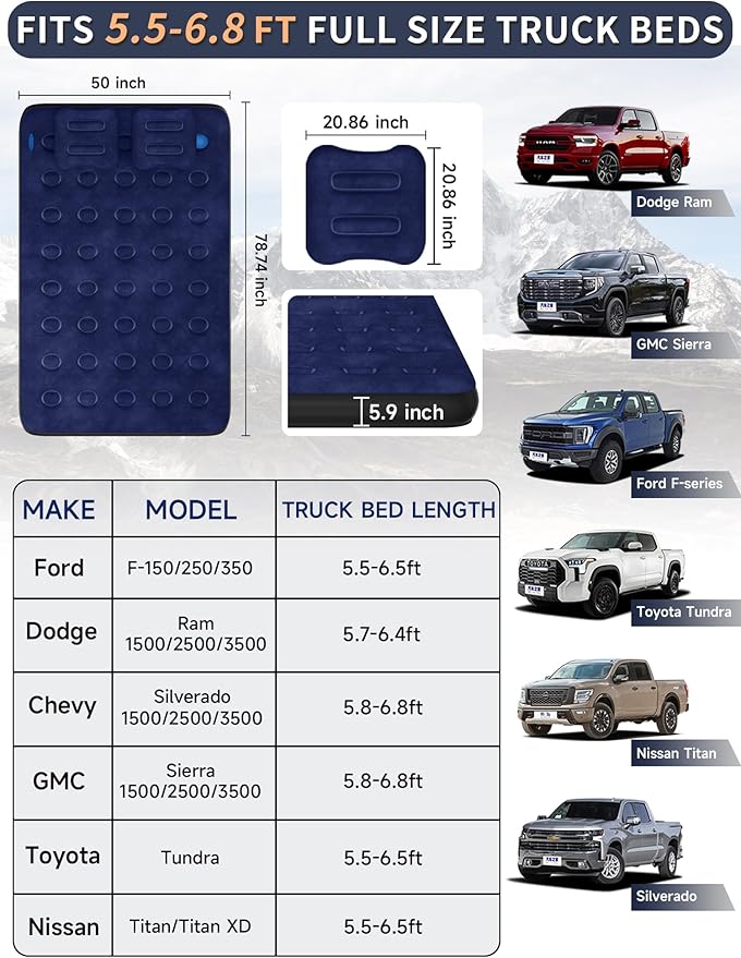 Truck Bed Air Mattress for Ford F150/Chevy Silverado/Dogde Ram/GMC Sierra/Toyota Tundra/Nissan Titan Outdoor Travel Camping, Universal Flocked Airbed Fits 5.5-6.8ft Full Size Pickup w/ Pump&Carry Bag