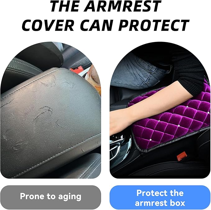 Bling Car Armrest Cover, Crystal Rhinestone Fluffy Automotive Armrest Seat Box Cushion Pad, Soft Comfortable Diamond Car Center Console Cover, Universal Vehicle Accessories (Purple)