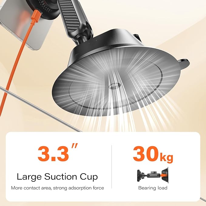 A2C Qi2 15W Wireless Charger for MagSafe Car Mount Charger Magnetic Suction Cup Phone Holder Windshield/Dashboard for iPhone 17/16/15/14/13/12, Aluminum Alloy Arm, for Jeep Wrangler, F150
