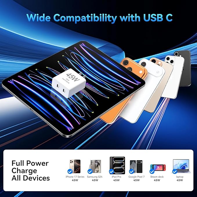 45W USB C Fast Charging for iPhone 17 Pro Max/16/15 Pro,3Pack 45W Dual Port USB C iPhone Charger Block & 6/10/10FT Long USB C Cable for iPhone 17 Pro/16 Pro Max/15 Plus/for Samsung S26 S25-Colorful