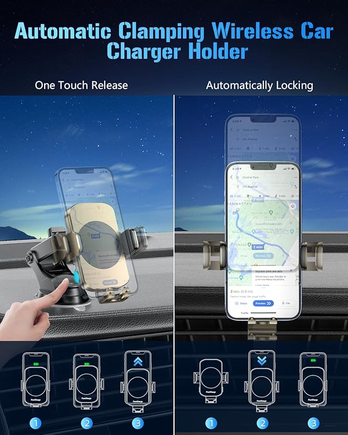 Wireless Car Charger, Fast Charging Phone Holder 3 in 1 Phone Mount Auto Clamping Car Accessories Compatible with iPhone 17 16 15 14 13 12 11 Xs XR, Samsung S23 Ultra S22 S21 S20(Amber Yellow)