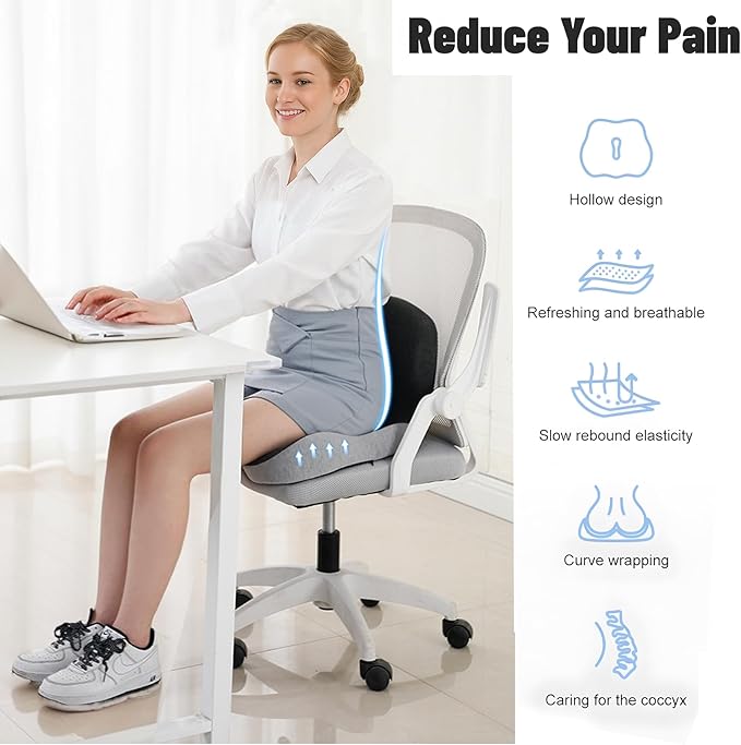 Memory Foam Seat Cushion for Truck Drivers, Office Chairs Ergonomic Seat Cushion for Back, Tailbone Sciatica Pain Relief, Pressure Relief Pad for Long Sitting, Car Seat Desk Chair Use (Gray)