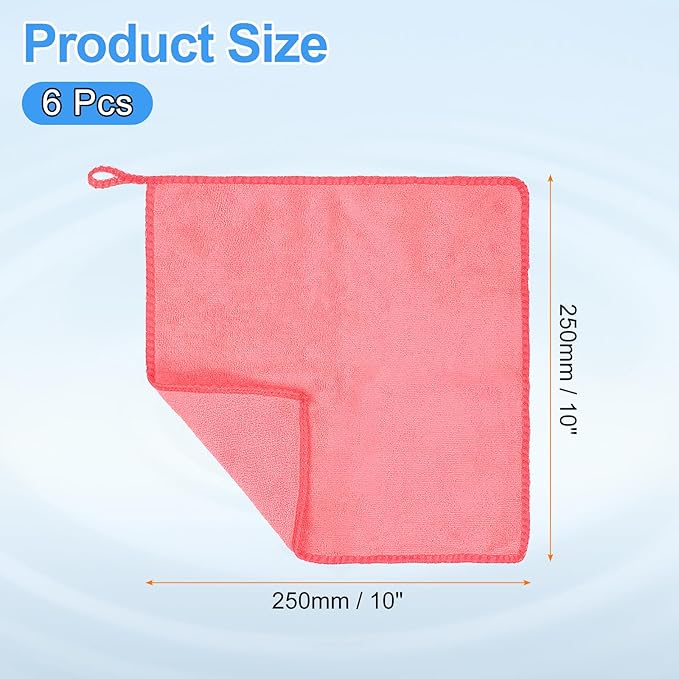 HARFINGTON 6 Pack Microfiber Cleaning Cloth, 10" x 10" Multi-Functional Cleaning Towels Reusable Absorbent Rags with Hook for Car Wash Kitchen Household Window Clean, Rose Red