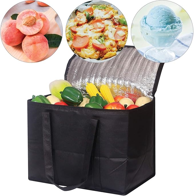 Set of 4 Large Insulated Reusable Grocery Bags with Sturdy Zipper and Handles, Foldable Washable Heavy Duty Cooler Totes for Hot or Cold Food Delivery, Groceries, Travel, Shopping