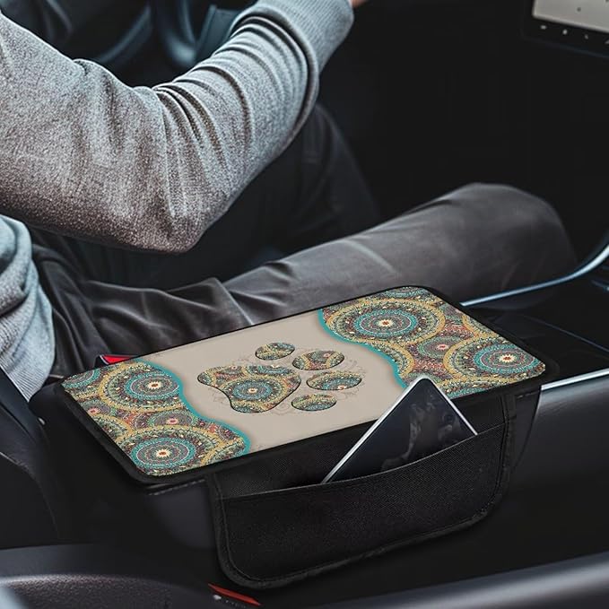Boho Floral Dog Paw Pattern Car Center Console Cover Elastic Car Armrest Seat Box Cover Cushion Non-Slip Auto Armrest Pad with Pockets Storage Bag Car Decor Accessories