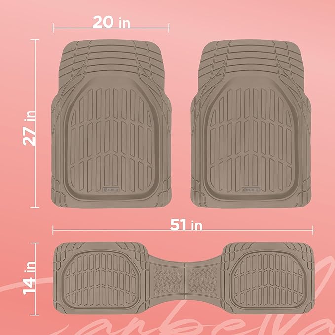CARBELLA Heavy Duty Rubber 4-Piece Beige Car Floor Mats - Universal Trimmable All-Weather Car Accessories - Girl Car Accessories for Women & Cute Car Mats for Women for Girly Car Decor, Truck, & SUV