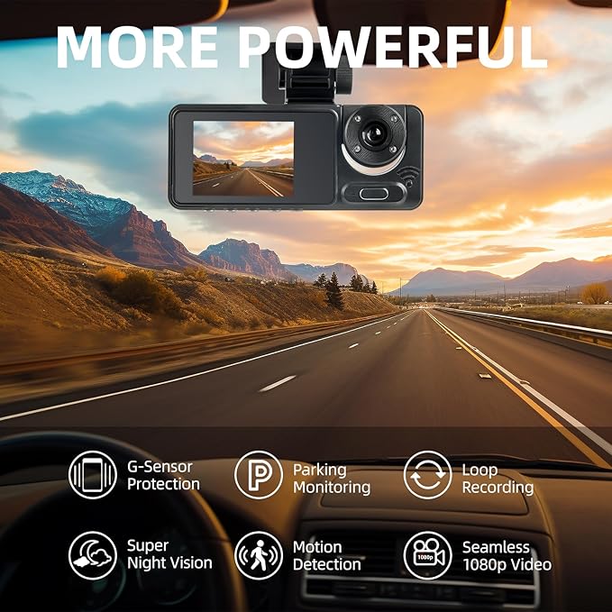3 Channel Dash Cam, Dash Camera, 1080P Full UHD Car Camera Front and Rear Inside with 64GB Card,Built-in Super Night Vision,2.0'' IPS Screen,170°Wide Angle,WDR, 24H Parking Mode, Loop Recording