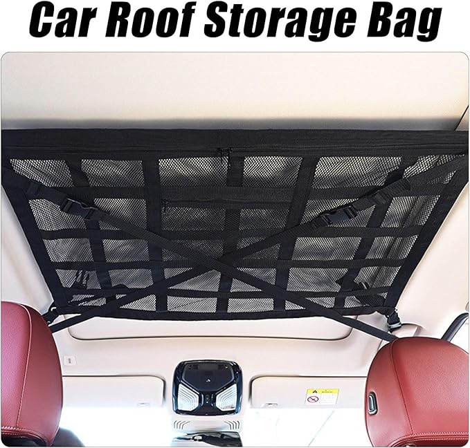 Overhead Car Organizer, Compatible with Ford F-150 XL/Raptor 2010-2025 Car Roof Storage Net Universal Car Ceiling Storage for Camping Storage Bag,Black-Large
