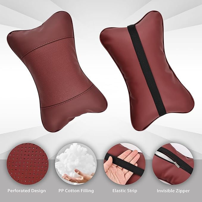 2 Pack Car Neck Pillow Soft Breathable Headrest Pillows for Driving Support, Universal Fit for Most Car Seats Decor Accessories（Maroon）