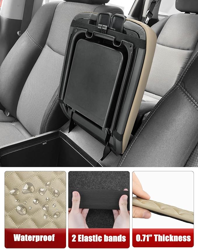 KBH Center Console Armrest Cover for Infiniti QX60 & JX35, Nissan Pathfinder 2013 2014 2015 2016 2017 2018 2019 2020, Vinyl Leather, Middle Console Lid Protector, Custom-fit Accessories, Beige
