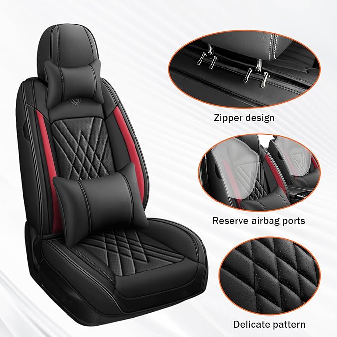 Car Seat Covers Compatible with Toyota Camry 2012-2026 Durable Waterproof Automotive Seat Covers Stretchable, Airbag Compatibility, Premium Nappa Leather(Black Red, 2 Pcs Front with Pillow)