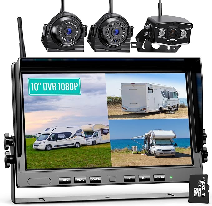10" Wireless Backup Camera System for Truck, HD 1080P Digital Back Up Camera System with 10 Inch Quad Split Loop Recording Monitor, IP69K Waterproof Reversing Cameras for RV, Trailer (W103)