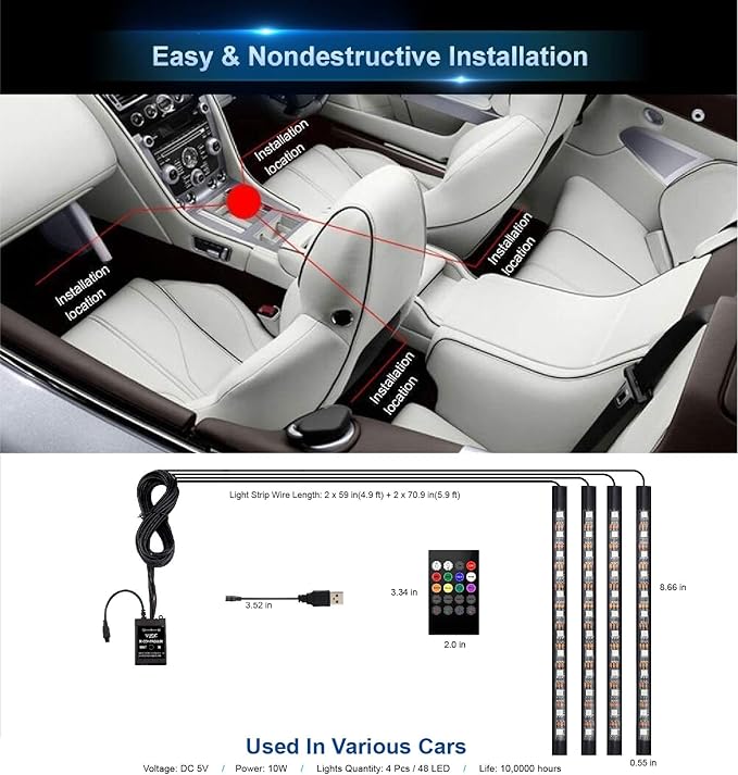 Led Interior Car Lights, Controller Led Lights for Cars, Multicolor Music Underglow Lighting Kits with Wireless Control and Sound Active Function, 4pcs 48 USB LED Interior Lights, DC 5V