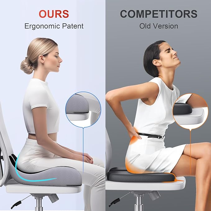 Benazcap X Large Memory Seat Cushion for Office Chair Ergonomic Cushions Butt Pillow for Pressure Relief Sciatica & Pain Relief Memory Foam for Long Sitting for Gaming Chair and Car Seat-Black & Grey