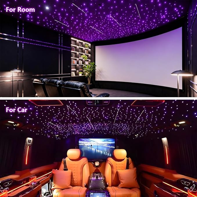 Mini Size 6W RGBW Twinkle+White Meteor+Music Sync Fiber Optic Lights, 500pcs*0.03in(6.5ft/2m)+Shooting Star Fiber Strands APP Star Ceiling Light Kit for Home and Car Headliner Starlight