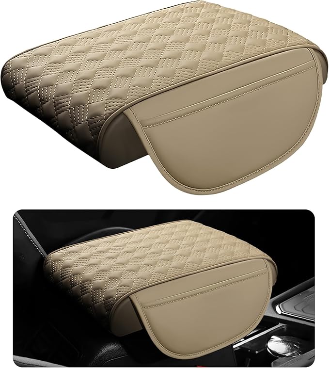 Car Armrest Cushion, 12.2"×8.3" Leather Auto Memory Foam Center Console Pad with Storage Pocket, Waterproof & Anti-Scratch Elbow Pillow Armrest Seat Box Protector, Universal Fit (Beige)