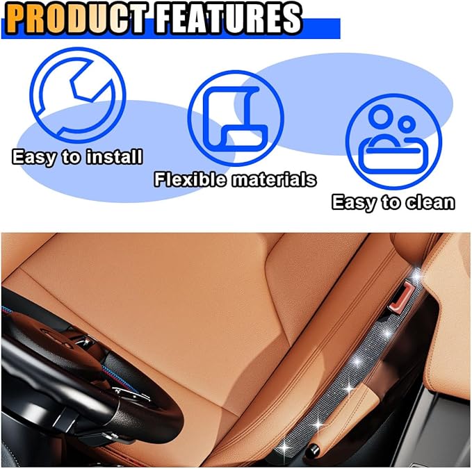 LAINLOY 2PCS Car Seat Gap Filler, Handmade Crystal Diamond Rhinestone Seat Gap Blocker to Fill The Gaps Between Seat and Console Blocker, Bling Car Accessories for Car SUV Truck (White)
