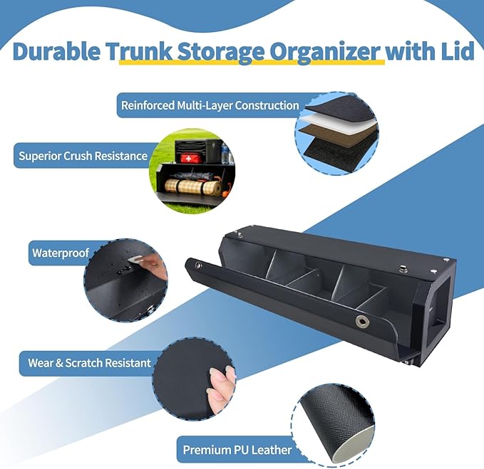 Trunk Organizer for SUV, Leather Car Organizers and Storage with lid & Sturdy Handle, Waterproof Hard Car Trunk Storage Box for Sedan, Travel, Grocery, Daily (Black, 37''*11.41''*12.5'')