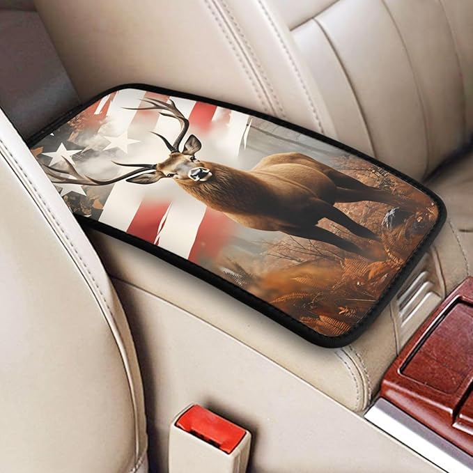 Universal Car Center Console Cushion Pad, American Flag Deer Soft Waterproof Car Center Console Cover Auto Armrest Seat Box Cover Protector for Most Vehicle SUV Truck Car