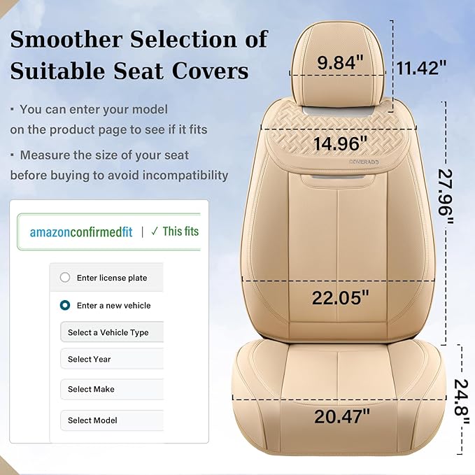 Coverado Car Seat Covers Full Set, Seat Covers Waterproof, Nappa Leather Seat Covers for Cars, Front and Back Car Seat Protector, Breathable Seat Cushion, Seat Cover Universal Fit Most Cars(Beige)