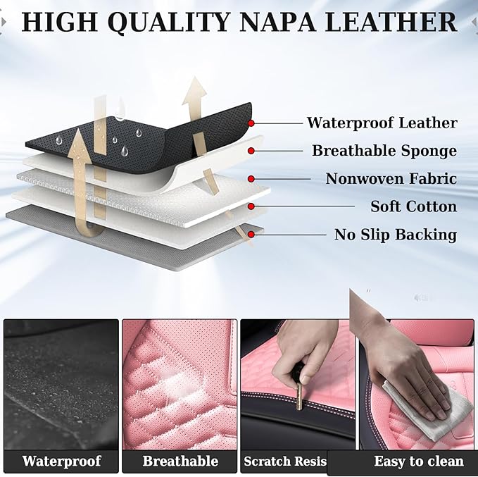 Coverado Seat Covers Full Set, Waterproof Nappa Leather Seat Covers for Cars, 5 Seats Universal Car Seat Protectors, Black and Pink Leather Car Seat Covers Car Seat Cushions Fit for Most Cars