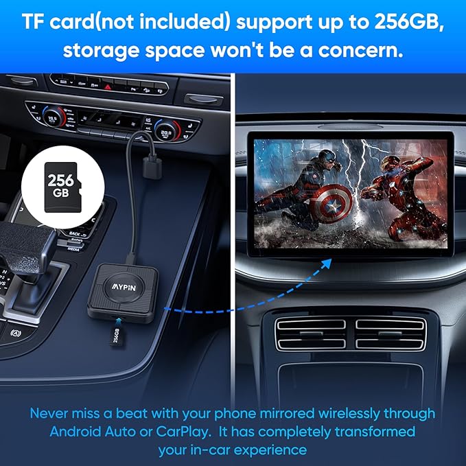 Upgraded Wireless CarPlay Adapter, 3-in-1 Wireless Carplay & Android Auto& Video Adapter, Built in Netflix YouTube Support TF Card, Plug & Play, USB Type C, USB Type A Compatible with iPhone & Android