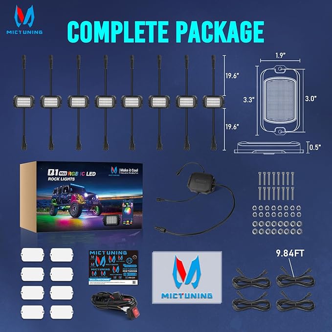 MICTUNING Q1+ MAX 8 Pods Ultra-Bright RGB Rock Lights, Multi-Color Chasing Underglow Lighting, Extensible to 24 Pods, APP Music Sync & DIY Effects, IP68 Waterproof