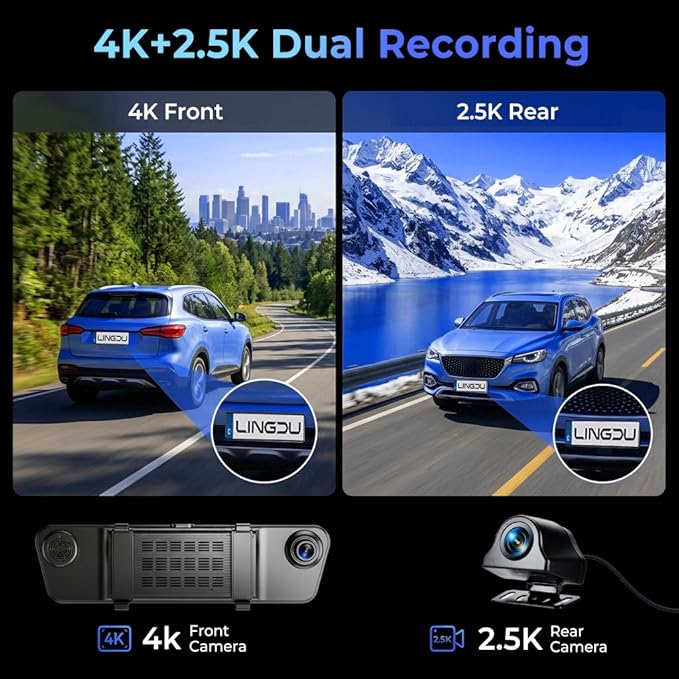 LD4K Max Mirror Dash Cam with 4K Front and 2.5K Rear Camera, STARVIS 2 Sensor, with ADAS BSD LCA Smart Mode, GPS, G-Sensor, Loop Recording, Parking Monitor, Voice Control, 5.8GHz WiFi,128GB Card