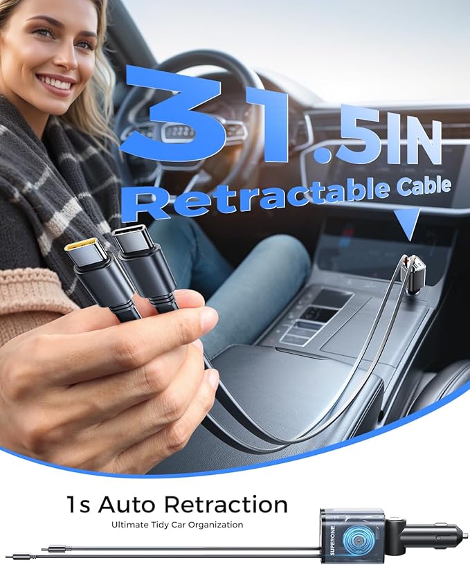 2026 Ultra-Compact SUPERONE Retractable Car Charger, 5 in 1 Car Phone Charger with Dual Type C Cables, 84W Fast Charging USB C Car Accessories Adapter for iPhone 17/16/15/14/13/12/11, Galaxy, Pixel