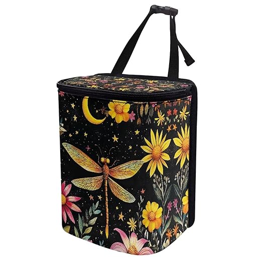 Moon Floral Dragonfly Car Trash Can with Lid, Cute Leakproof Car Trash Garbage Bag Hanging Vehicle Trash Bin Small Portable Automotive Garbage Cans Organizer for Back/Front Seat/Console