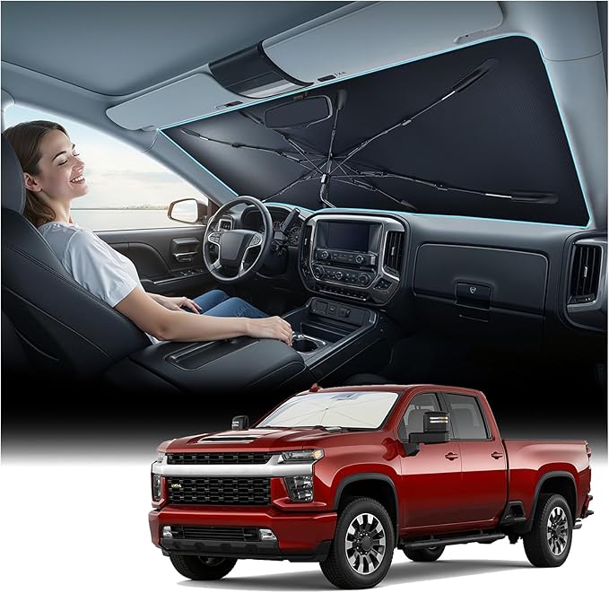 Windshield Sun Shade Umbrella for GMC Silverado - [Vinyl Coating Heat Shield] Protect Car from Sun Rays & Heat Damage Keep Cool and Protect Interior, Spring Structure Edge