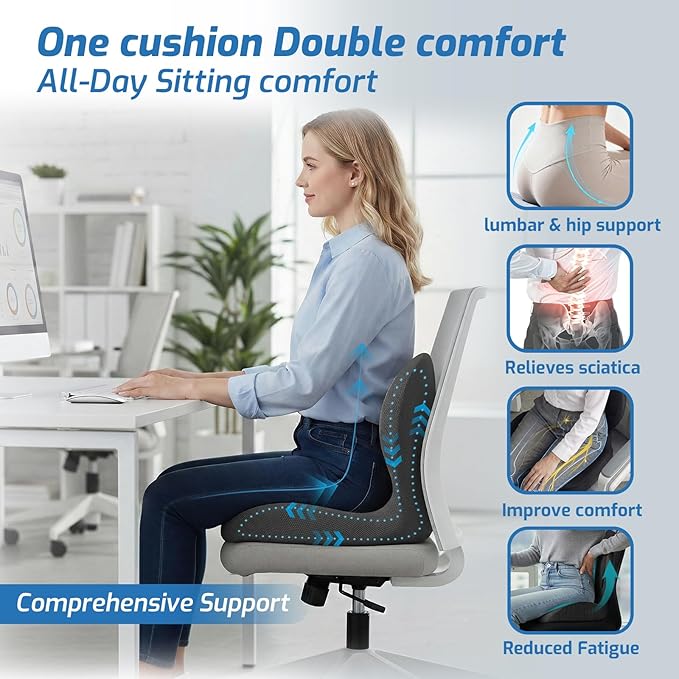 Ergonomic Seat Cushion,Office Chair Cushion with Lumbar Support Pillow,Memory Foam Car Seat Cushions,Designed for Sciatica, Tailbone,Back Pain,Back Cushion for Office,Car,Home Desk Chair