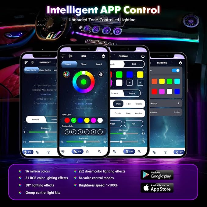 Upgraded Dreamcolor Acrylic Car Interior Lights RGB LED Strip Lights APP Control Zoned Control System 252 Color Modes DIY Fiber Optic Ambient Lighting Kits 2 in 1 Music Car Neon Lights