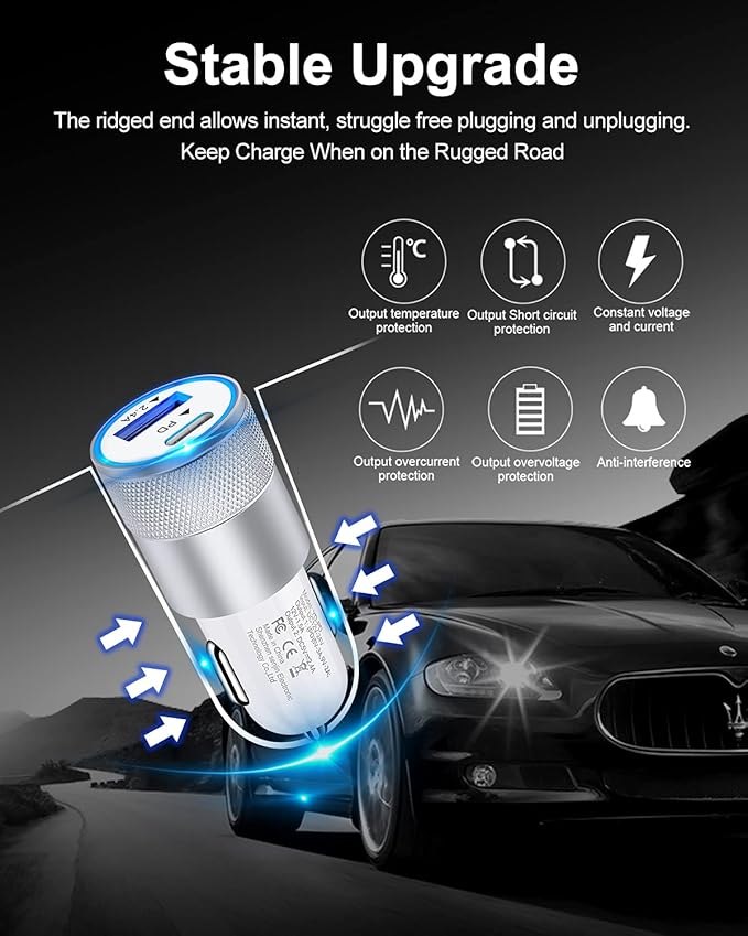 30W USB C Car Charger, [2Pack]3.0 Fast Charge Dual Port USB Type C and 2.4a USB A Cargador Carro Lighter Adapter for iPhone, Tablet, iPad, Samsung Galaxy, LG, Google Pixel GPS, Z Play Droid, Motorola