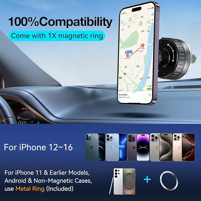 2025 Upgrade Vacuum Magnetic Phone Holder, 720° Retatable Suction Cup Phone Mount, Strong Magnetic Cell Phone Holder for Car/Gym/Mirror/Desktop/Smooth Surface, Compatible with Magsafe iPhone