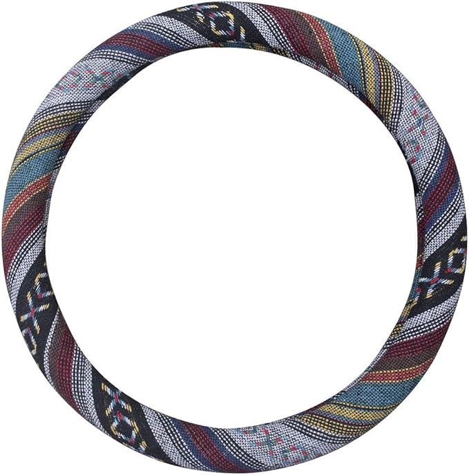 Medium Ethnic Style Coarse Flax Cloth Automotive Steering Wheel Cover Anti Slip and Sweat Absorption Auto Car Wrap Cover (14.5''-15'',E)