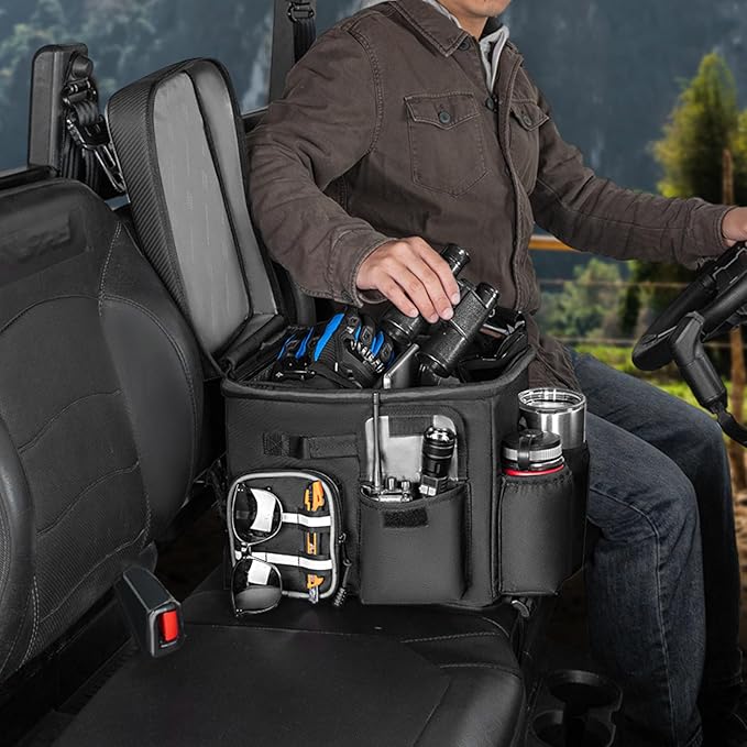 KEMIMOTO UTV Center Console Bench Seat Box, 1680D Oxford Cloth Water Resistant 18L Seat Storage Bag Armrest Storage Box Tool Organizer, Compatible with Polaris Ranger Can-Am Defender CFMOTO Uforce