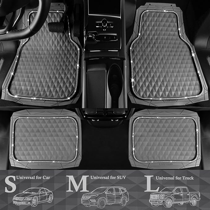 CAR PASS Bling Diamond Rubber Car Mats, Heavy Duty Deep Dish All-Weather Floor Mat Full Set Anti-Slip 3D Rhombus Waterproof Trim Fit Liner Universal Glitter Sparkly Shining Rhinestone, Gray Rubber